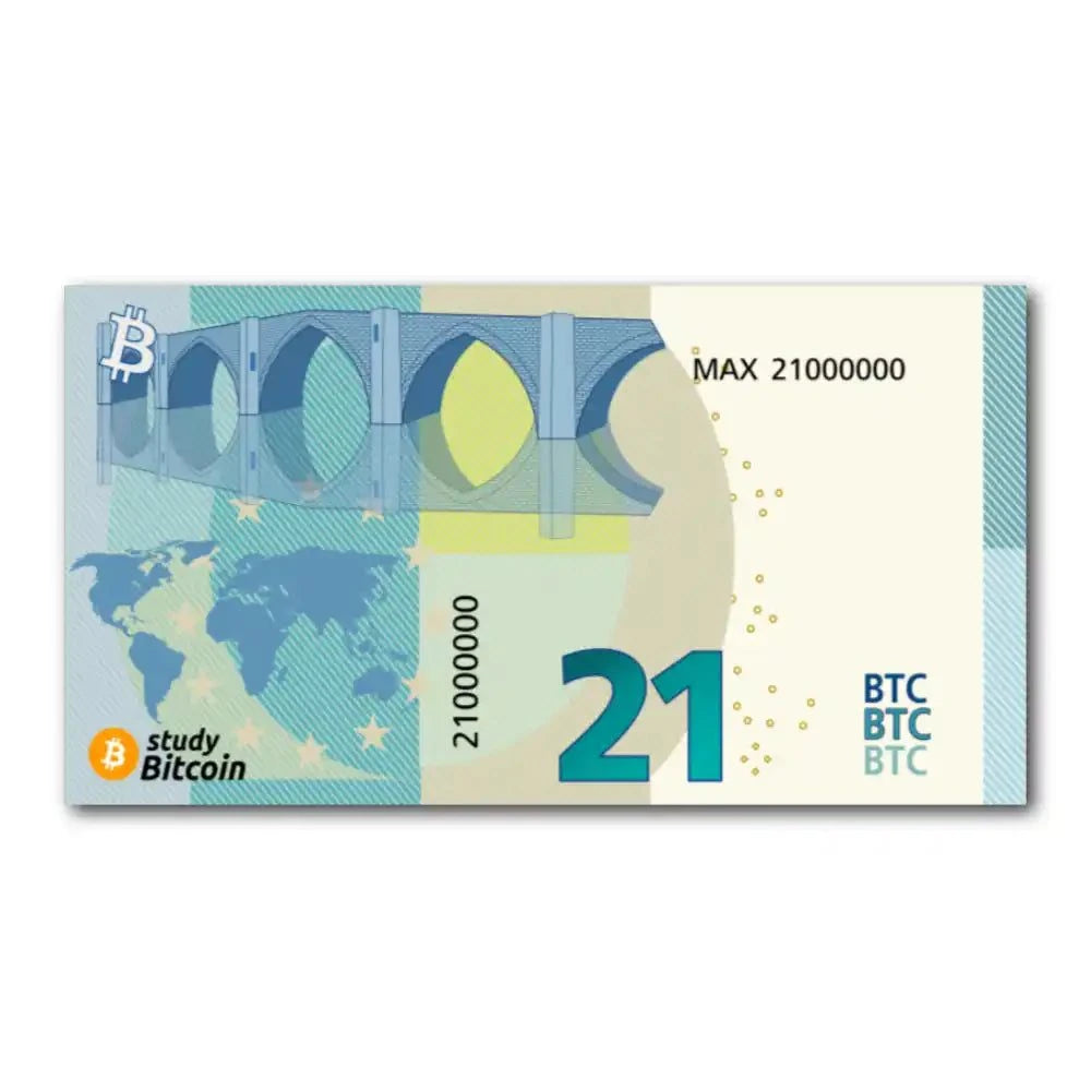 21 Bitcoinschein Euro note with QR code for Bitcoin learning and satoshi gift, Orangepilling Edition on recycled paper