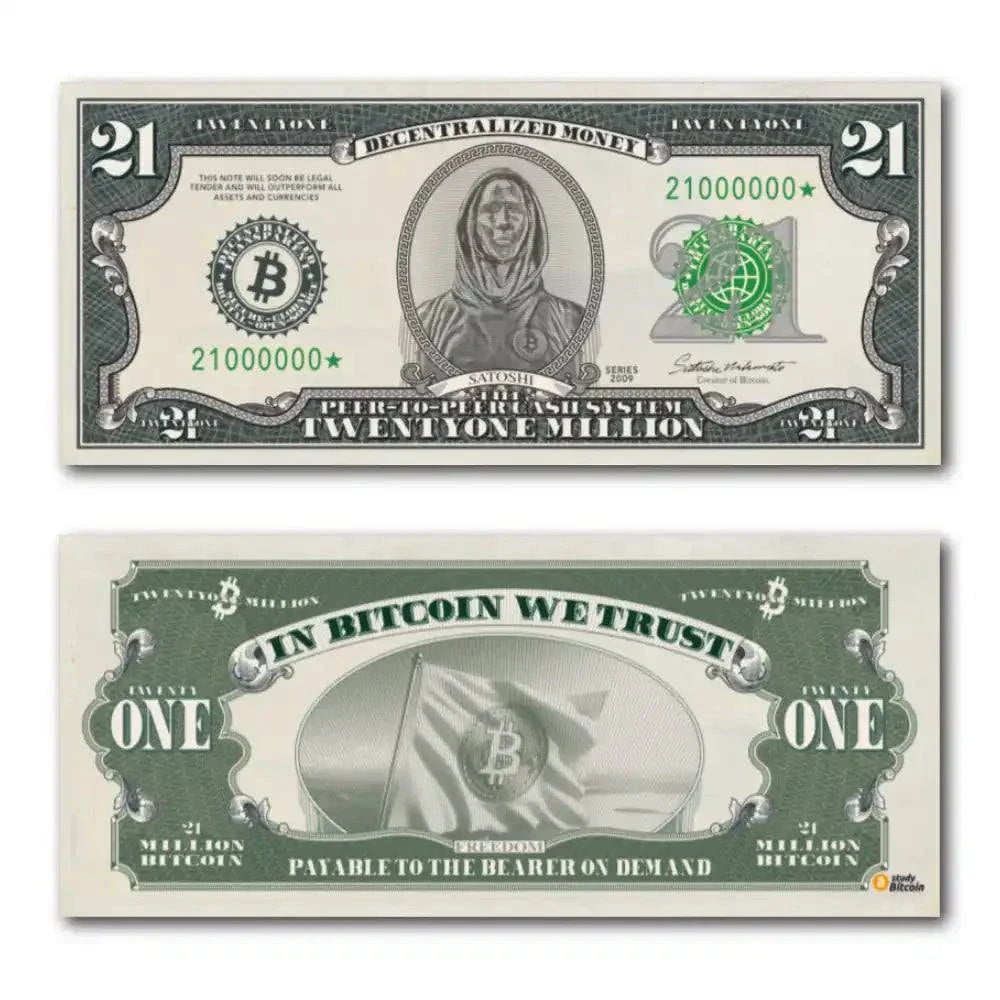 21 Bitcoin Schein Dollar Orangepilling Edition mit QR-Code auf Recyclingpapier