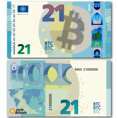 21 Bitcoinschein Euro note with QR code and educational sats gift, Orangepilling Edition on recycled paper