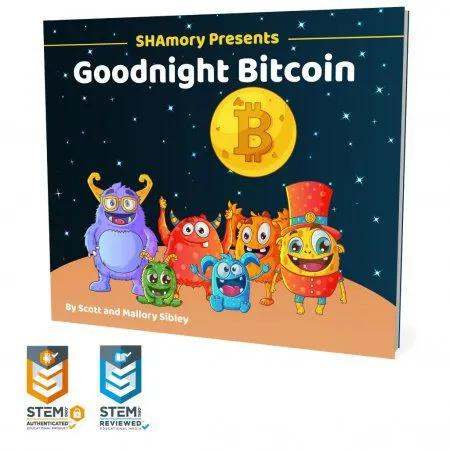 „Goodnight Bitcoin“ als aufgestelltes Pappbuch, darunter zwei STEM-Siegel