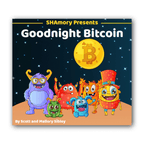 Titelseite des Kinderbuchs „Goodnight Bitcoin“ mit fünf bunten Monstern unter einer Bitcoin-Münze