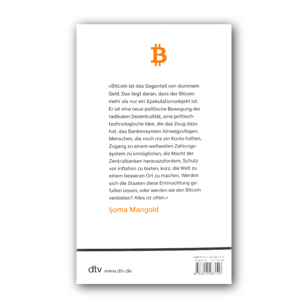 Rückseite des Buchs mit Zitat von Ijoma Mangold und oranger Bitcoin-Marke