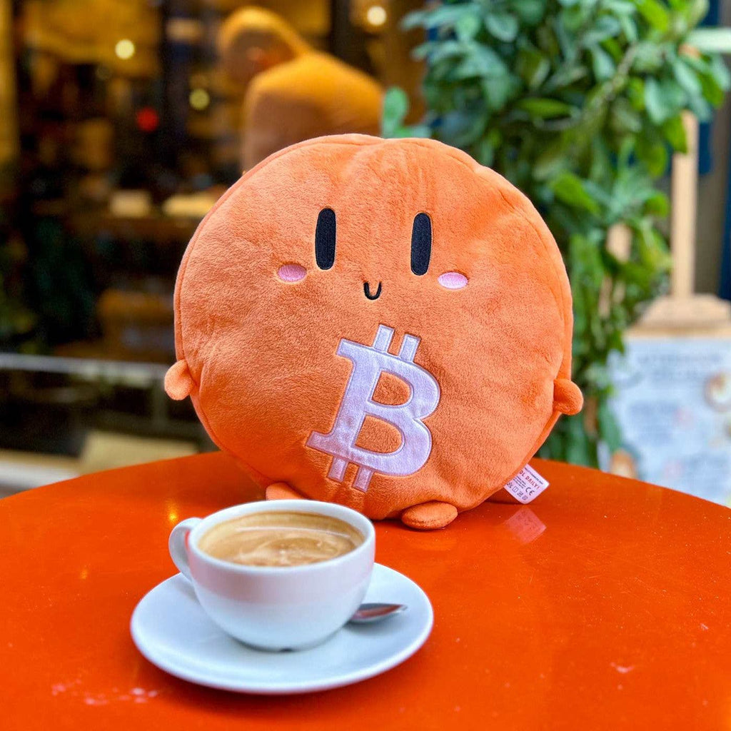 Soft plush Little Bitcoin character inspired by Lina Seiches comics, 30x30 cm, perfect HODLer family addition
