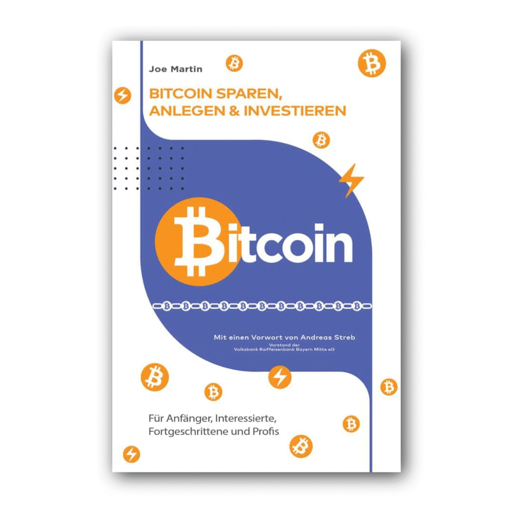 Cover of "Bitcoin sparen, anlegen & investieren" by Joe Martin, a guide for safe Bitcoin investment and fraud prevention.