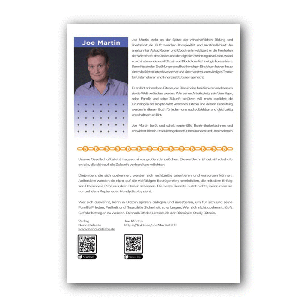 Cover of the book "Bitcoin sparen, anlegen & investieren" by Joe Martin, a guide for secure Bitcoin investing and saving.