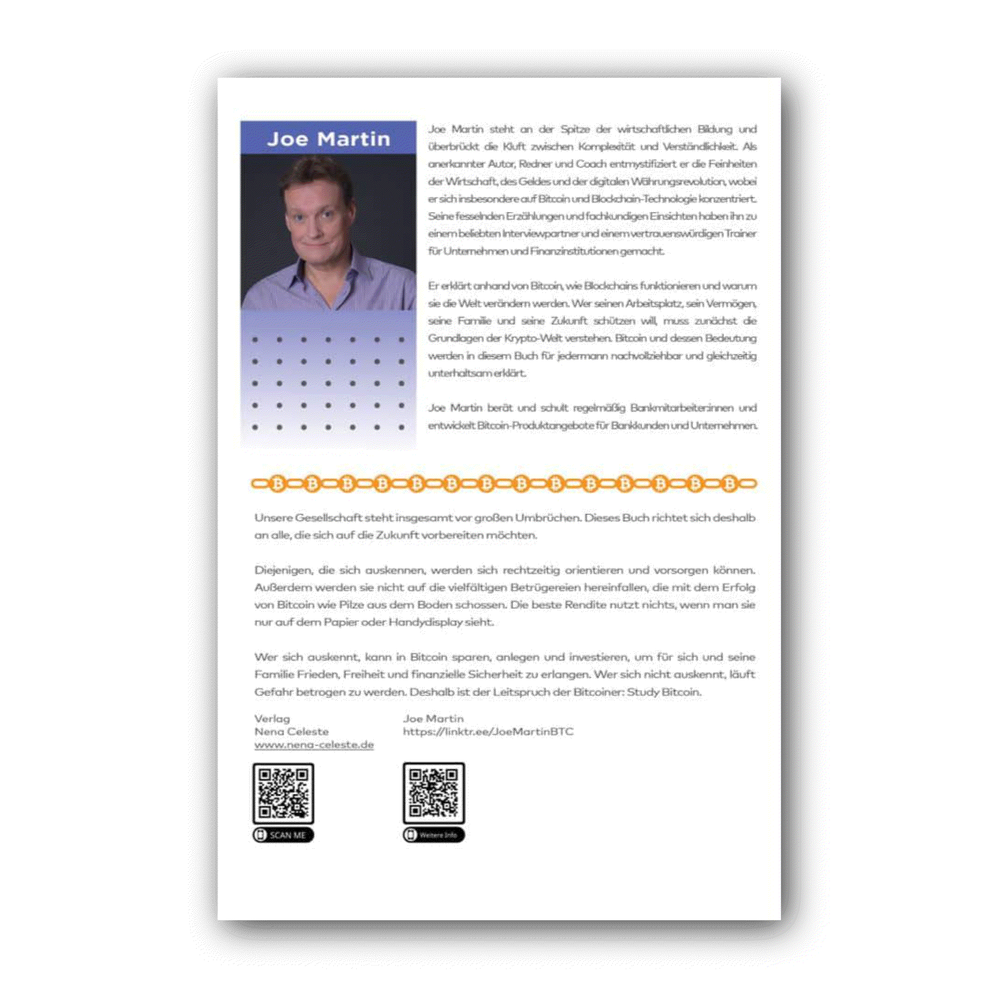 Cover of the book "Bitcoin sparen, anlegen & investieren" by Joe Martin, a guide for secure Bitcoin investing and saving.