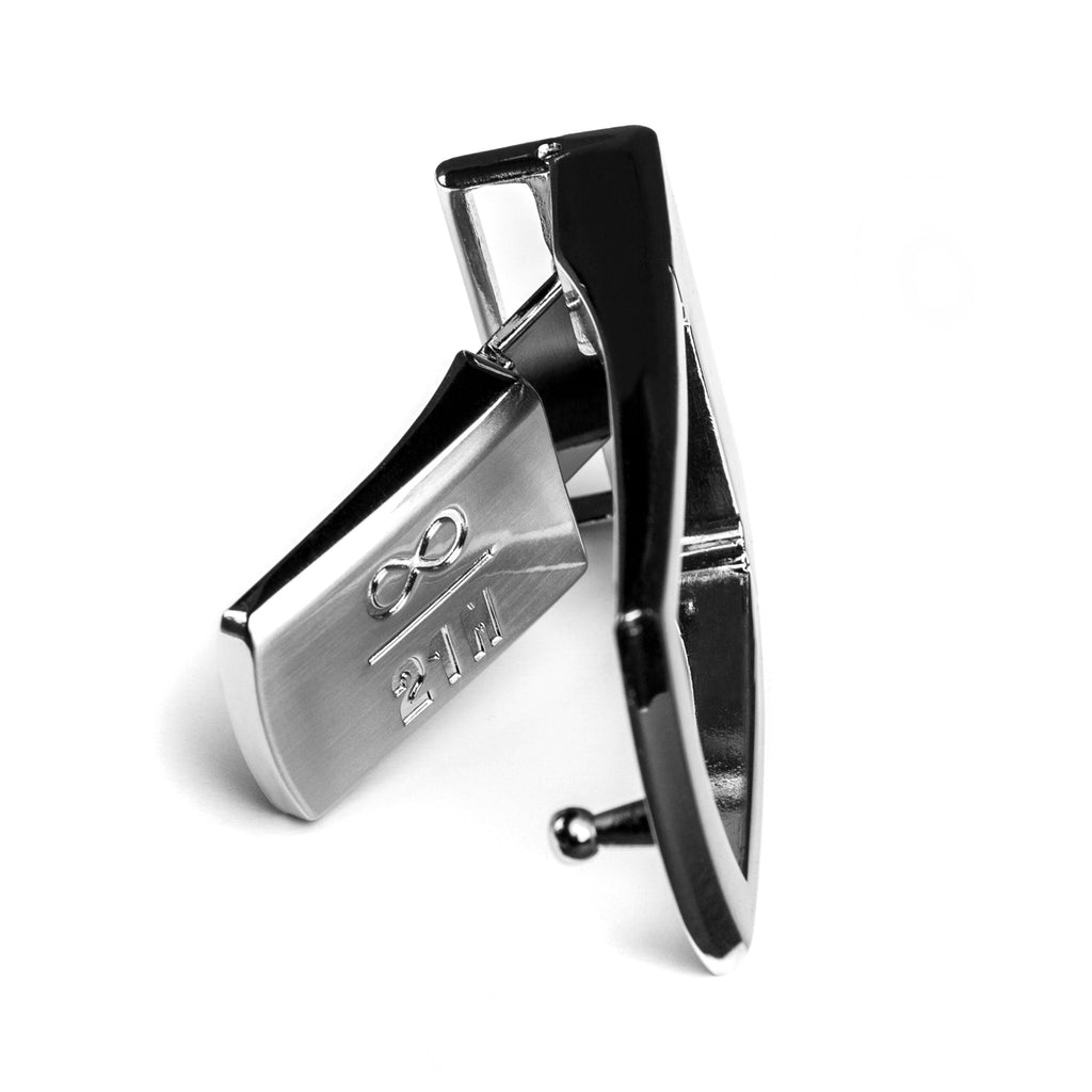 Brushed stainless steel infinity belt buckle featuring the infinity divided by 21M Bitcoin symbol for belts up to 35mm wide