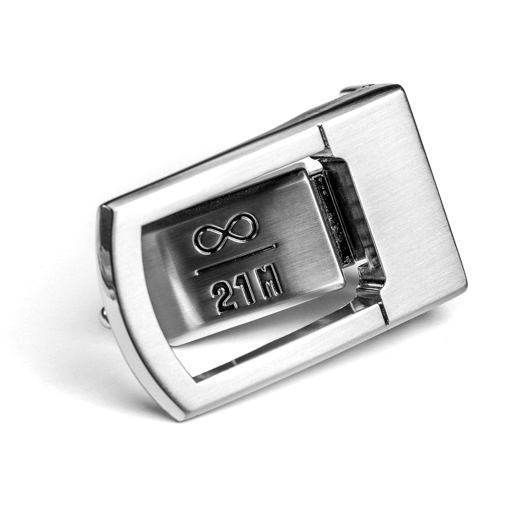Brushed stainless steel Infinity Belt Buckle with ∞/21M Bitcoin symbol for belts up to 35mm wide