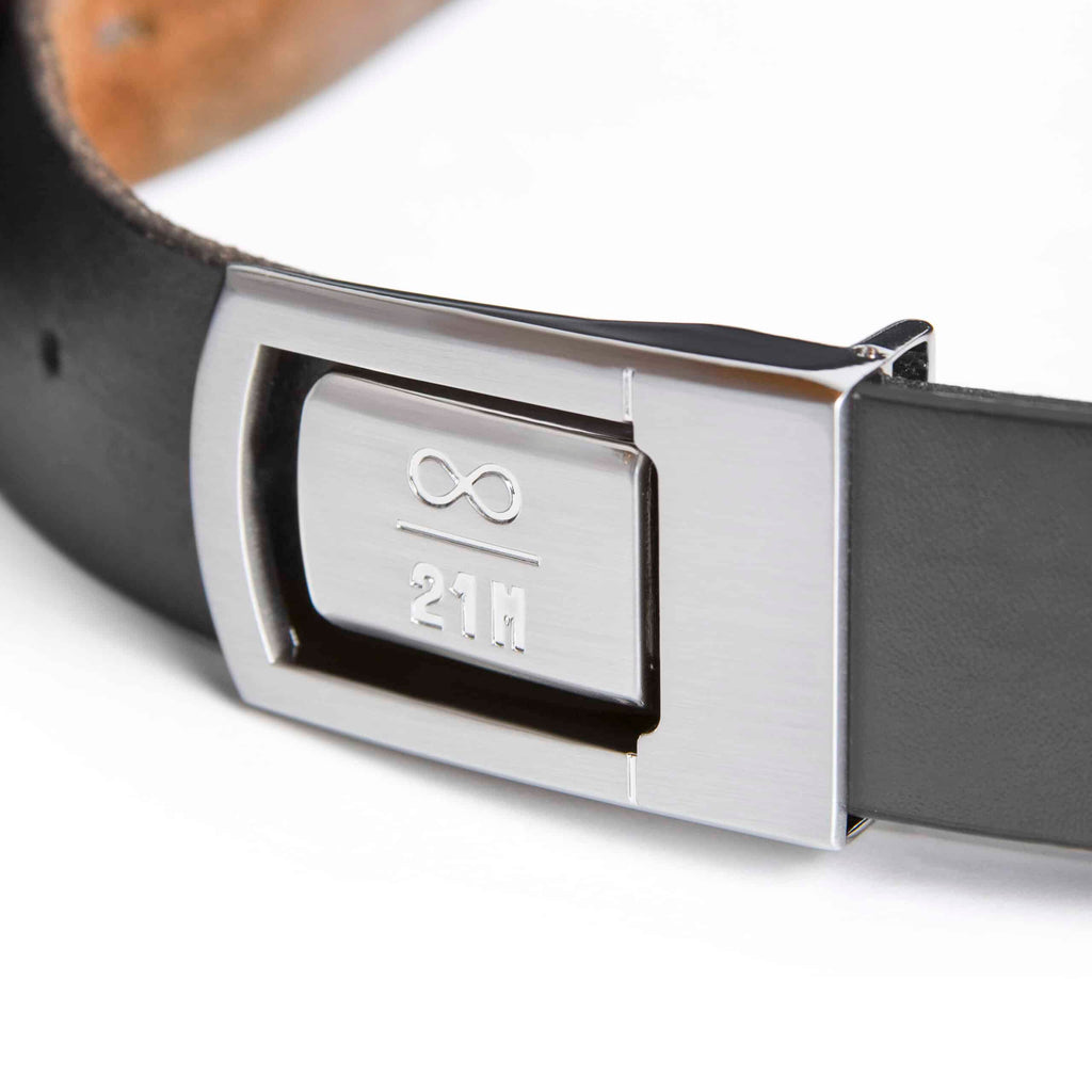 Infinity belt buckle in brushed stainless steel with Bitcoin ∞/21M symbol for 35mm belts