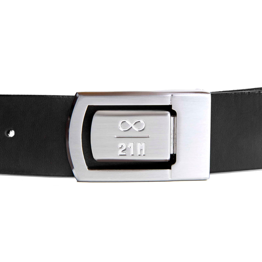 Brushed stainless steel Infinity Belt Buckle with "∞/21M" Bitcoin symbol for belts up to 35mm wide