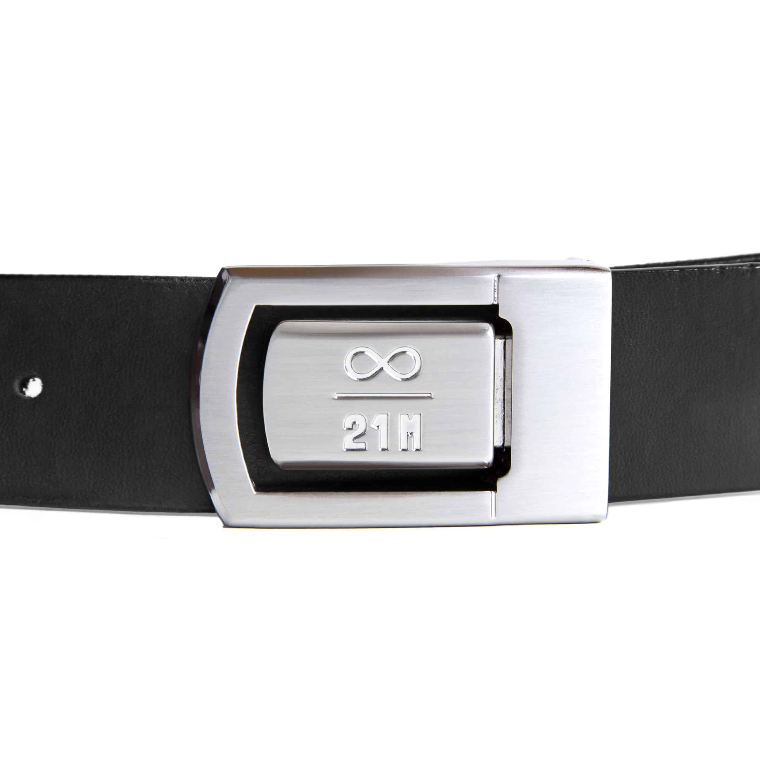 Brushed stainless steel Infinity Belt Buckle with "∞/21M" Bitcoin symbol for belts up to 35mm wide