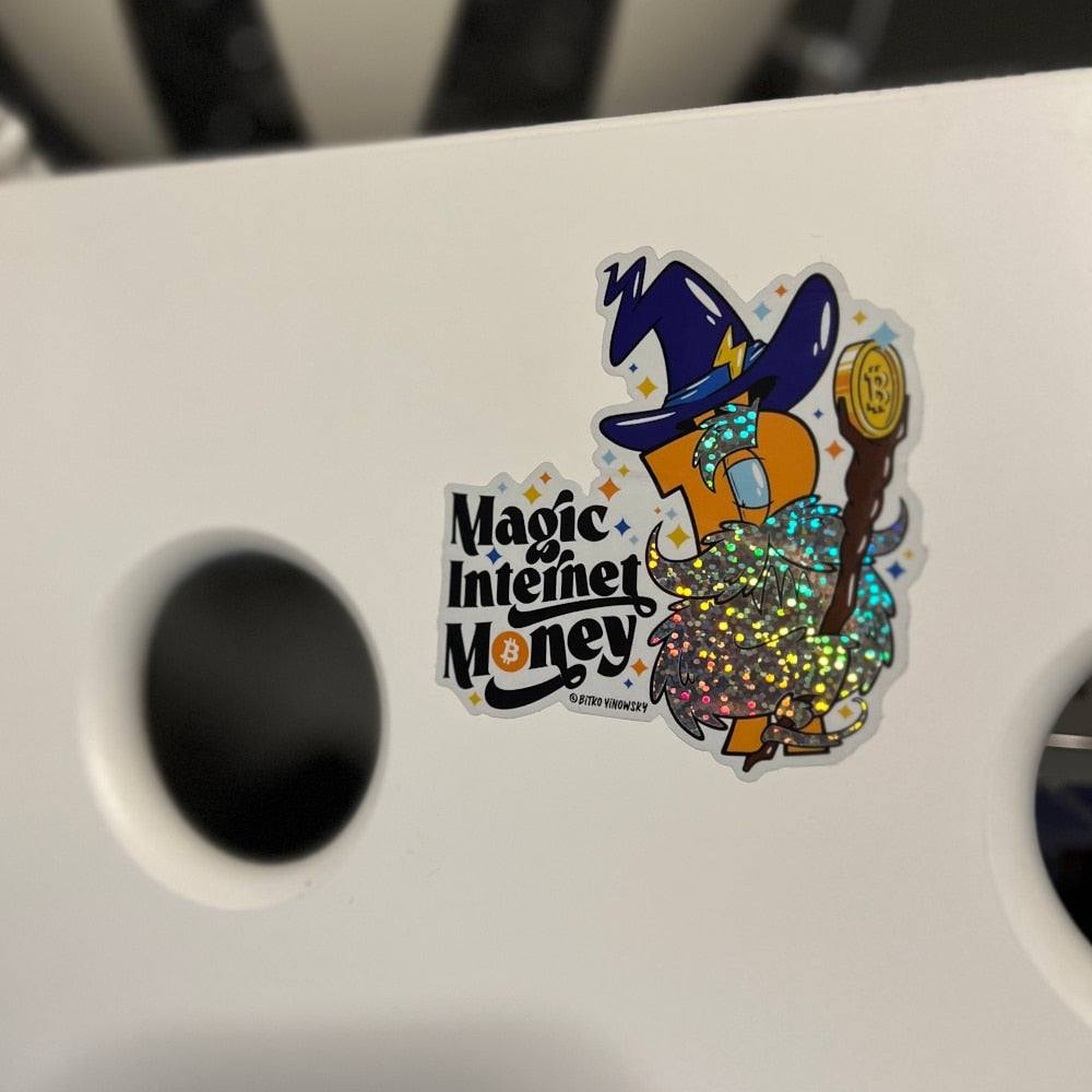 Premium Bitcoin Sticker Magic Internet Money mit Glitzer-Effekt und Bitcoin Wizard Design