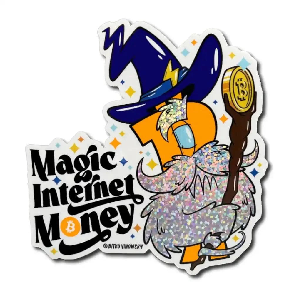 Premium Bitcoin Sticker mit Glitzer-Effekt und Magic Internet Money Design