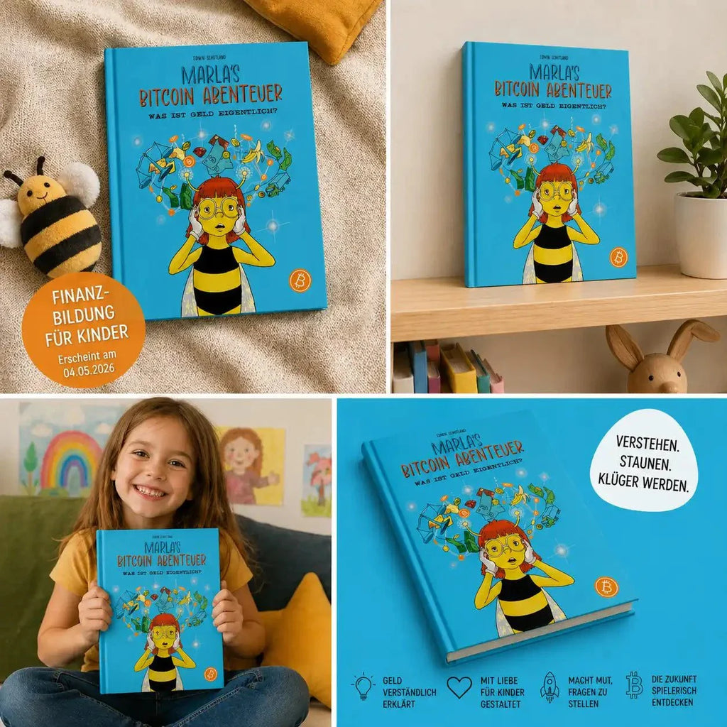 Cover illustration of Marlas Bitcoin Abenteuer children's book showing time travel through money history with Bitcoin themes