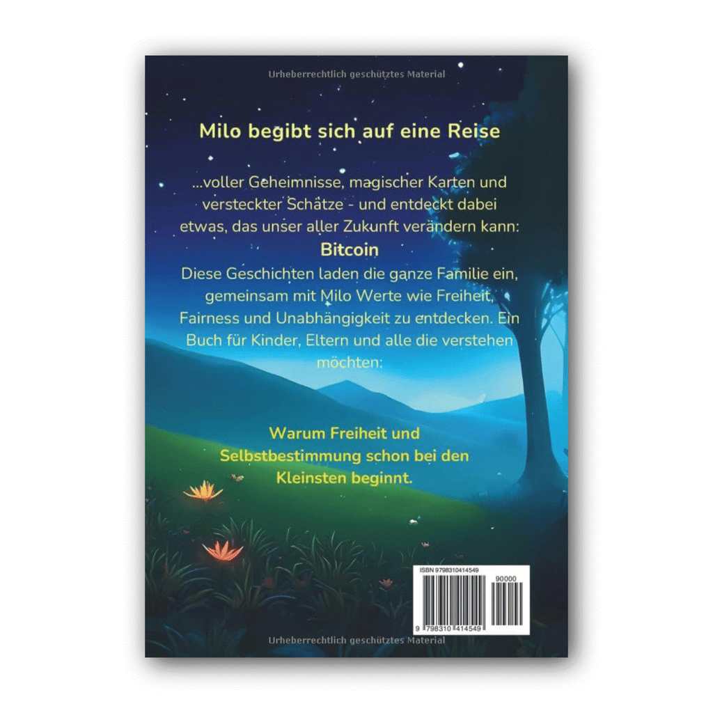 Cover of Milo entdeckt Bitcoin, a German Bitcoin Kinderspielbuch for children explaining Bitcoin through 21 magical adventures