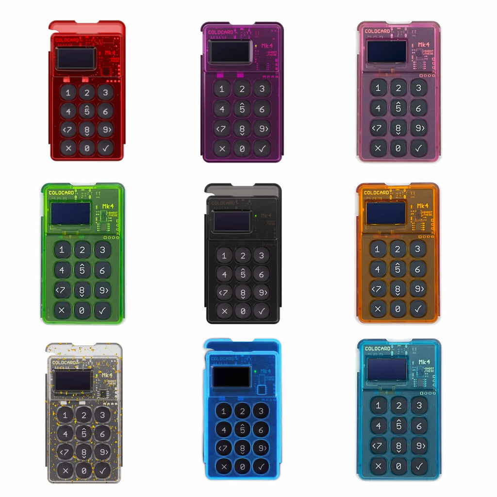 Coldcard MK4 Bitcoin hardware wallet in various colors with dual secure elements and USB-C connectivity