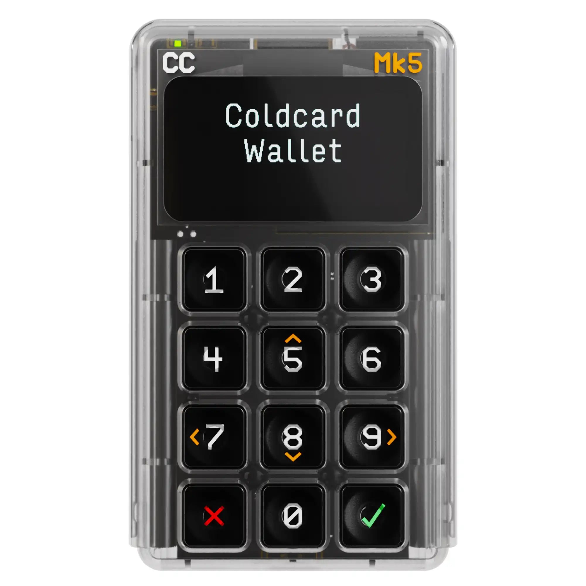 Frontansicht der Coldcard MK5 Bitcoin Hardware Wallet - Transparen (crystal)