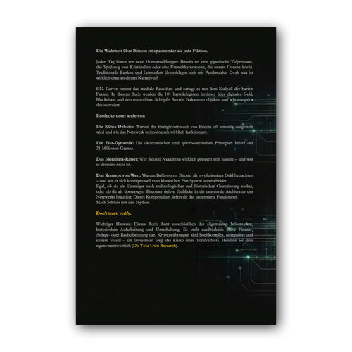 Rückseite von „#101 Mythen über Bitcoin“ mit Klappentext und den Themen des Sachbuchs