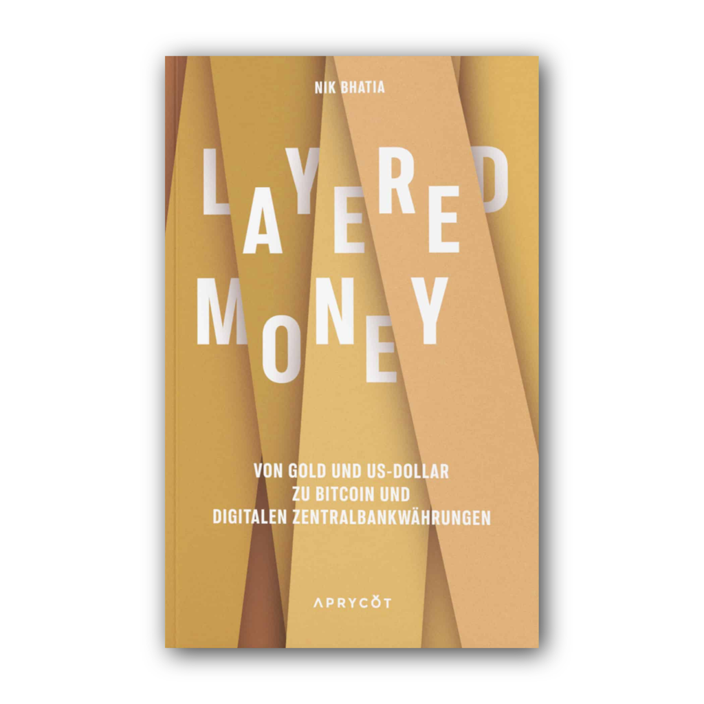 Vorderseite von „Layered Money“ von Nik Bhatia mit gefalteten Flächen in Gold und Beige