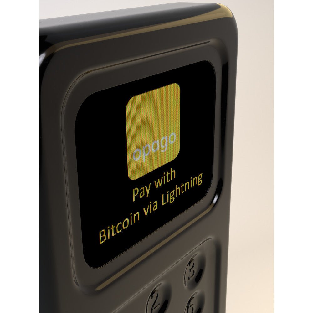 Opago Lightning POS-Terminal Copiaro Limited Edition black device for Bitcoin payments via Lightning Network with NFC, QR code, and offline PIN options