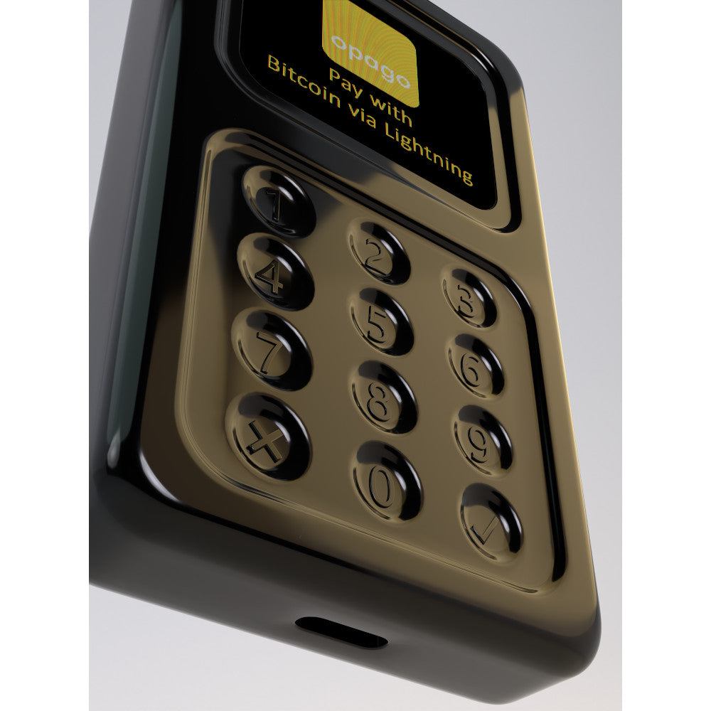 Opago Lightning POS-Terminal Copiaro Limited Edition black compact Bitcoin payment device with NFC and QR support