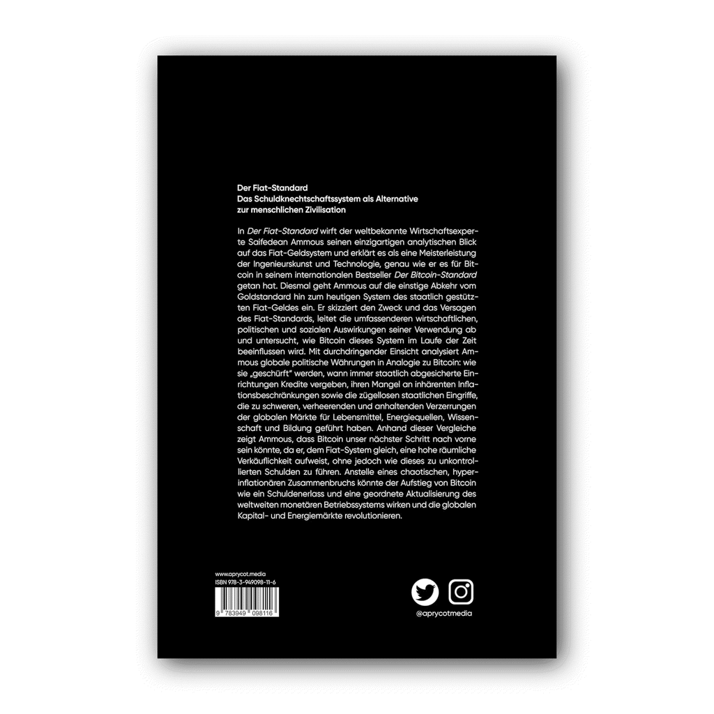 Softcover book cover of Der Fiat-Standard by Saifedean Ammous analyzing the Fiat-Geldsystem and Bitcoin.