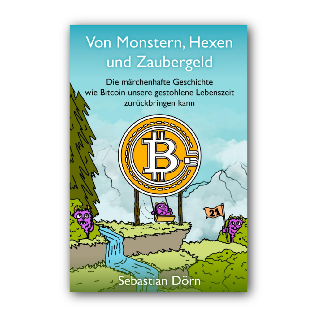 Vorderseite von „Von Monstern, Hexen und Zaubergeld“ von Sebastian Dörn mit gemalter Landschaft
