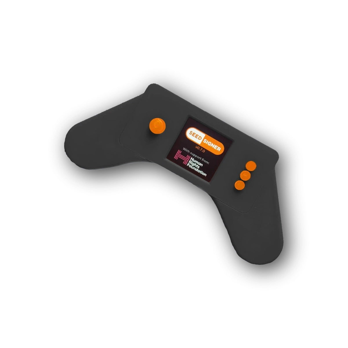 SeedSigner in schwarzem Gehäuse mit zwei Griffen, Farbdisplay mit Startbildschirm, Joystick und drei Tasten in Orange