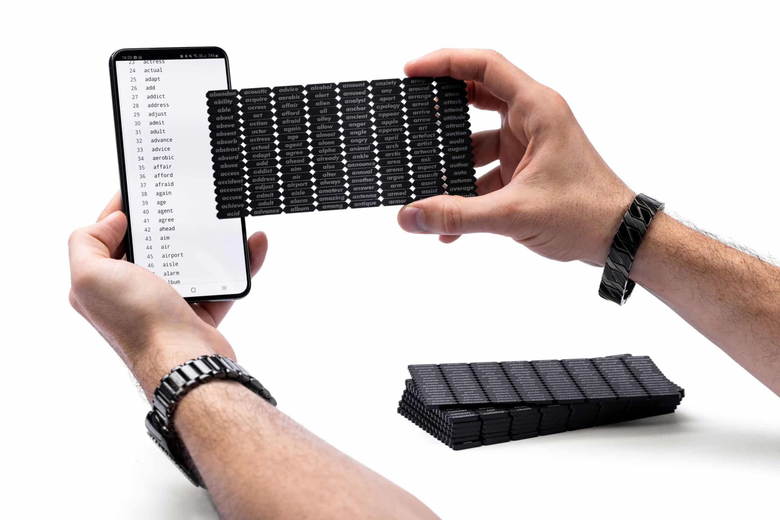 SeedSticks Set with 1024 double-engraved acrylic sticks and handmade fabric pouch for secure Bitcoin seed generation