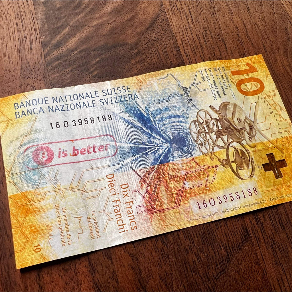 Selbstfärbender Bitcoin Stempel mit roter Spezialtinte für kunststoffbeschichtete Papiere