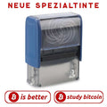 Selbstfärbender Bitcoin Stempel mit roter Spezialtinte auf Kunststoffpapier