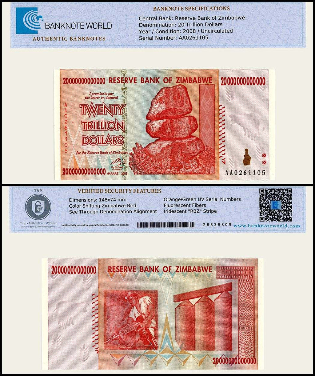 Simbabwe 2008 20 Billionen Dollar Schein als Symbol für Hyperinflation und Fiat-Versagen