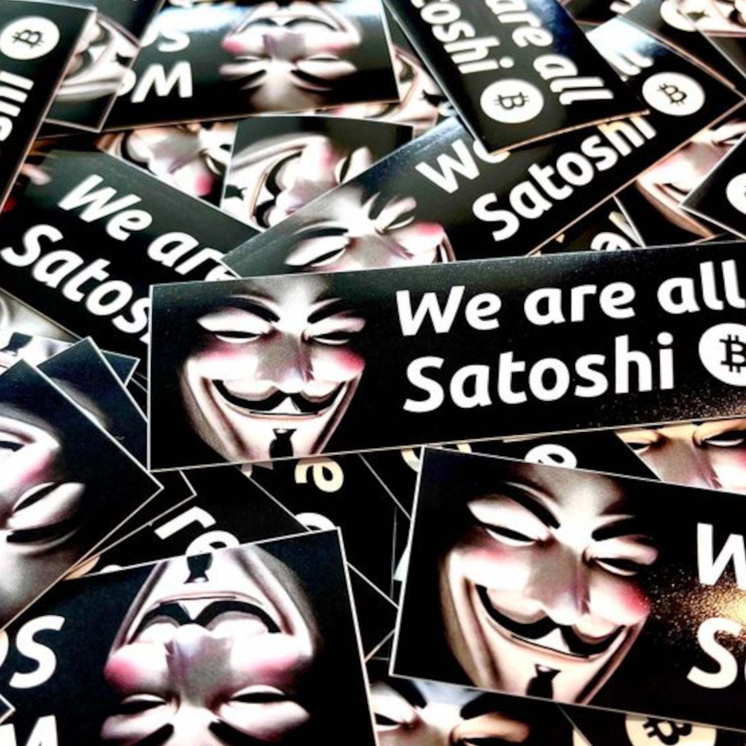 Bitcoin sticker featuring Guy Fawkes mask symbolizing anonymity and privacy with "We are all Satoshi" design, pack of 10