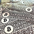 Silberner glänzender Bitcoin Sticker mit optischer Täuschung und Blockchain-Motiv, 10 Stück Set