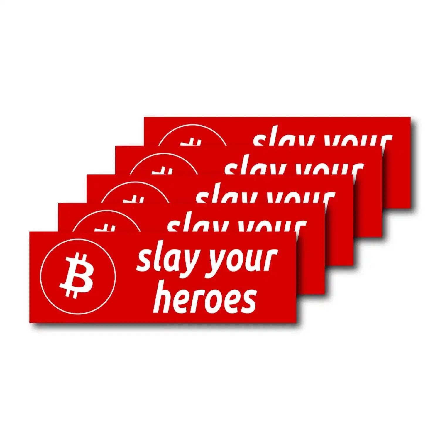 Set of 10 weatherproof Bitcoin Stickers with "Slay Your Heroes" design, 10.5x3.5 cm each, ideal for laptops and bottles