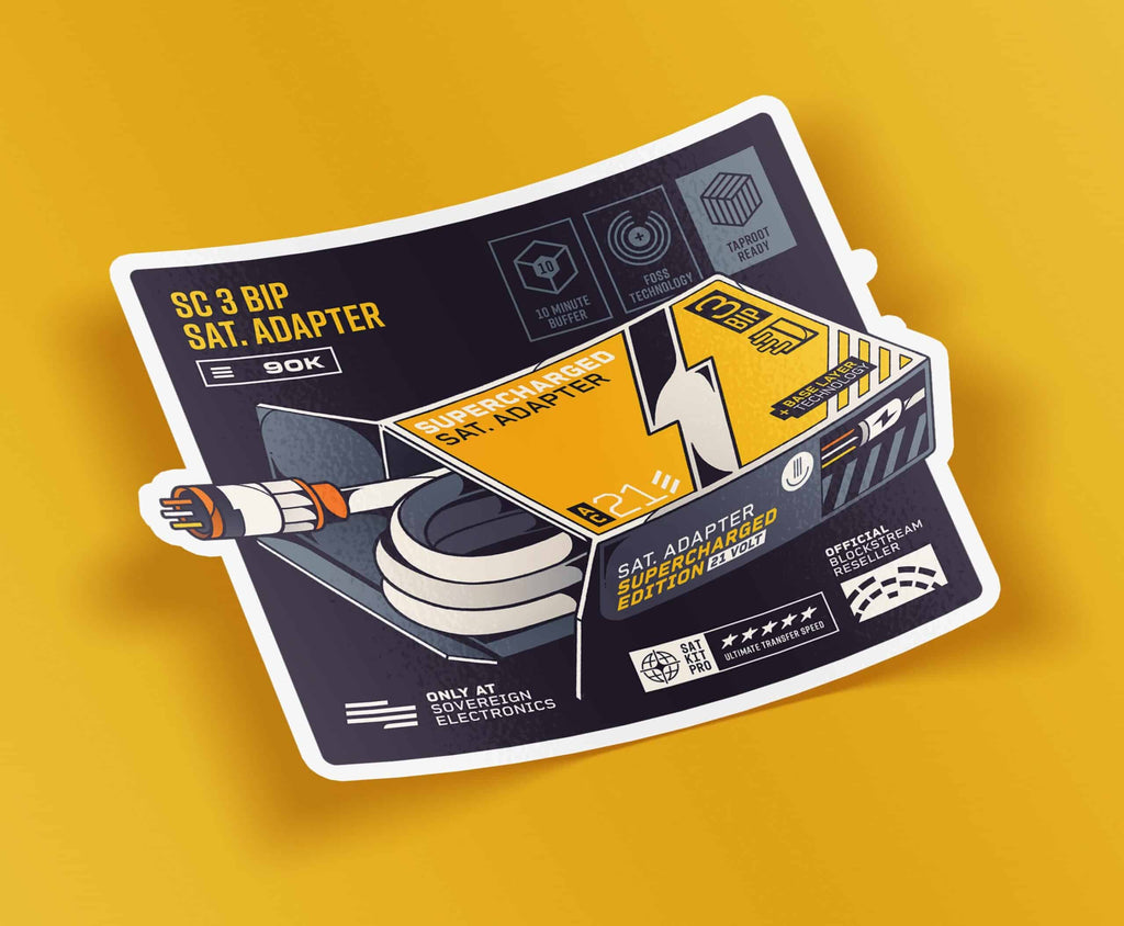 Aufkleber „SC 3 RIP Sat. Adapter“ auf gelbem Grund