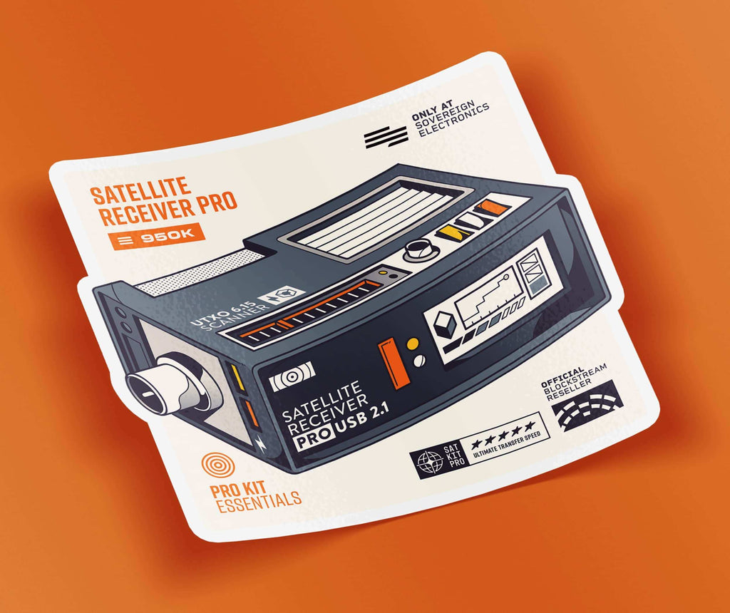 Aufkleber „Satellite Receiver Pro“ mit gezeichnetem Empfänger auf orangem Grund