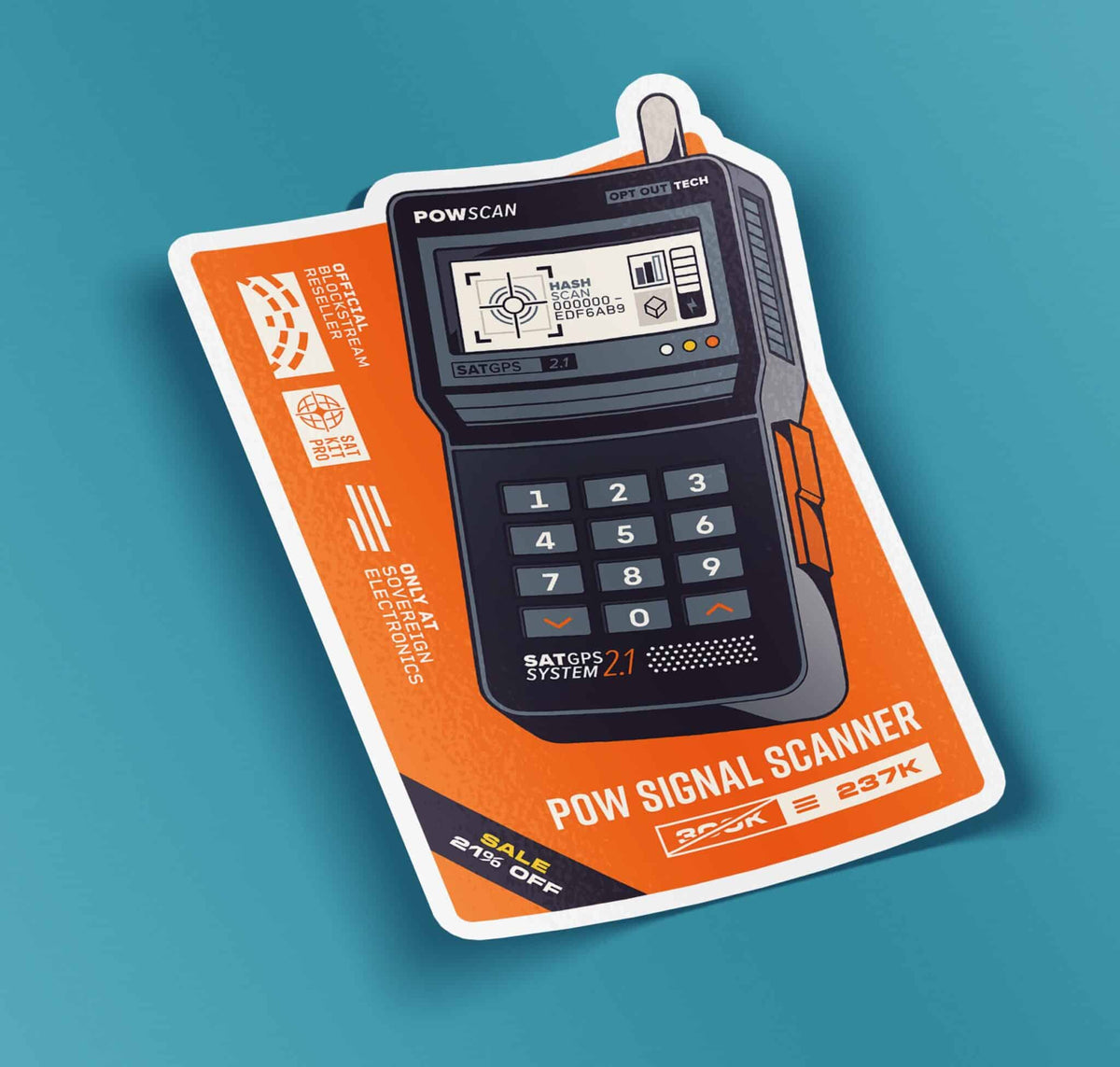 Aufkleber „POW Signal Scanner“ mit gezeichnetem Handgerät auf türkisem Grund