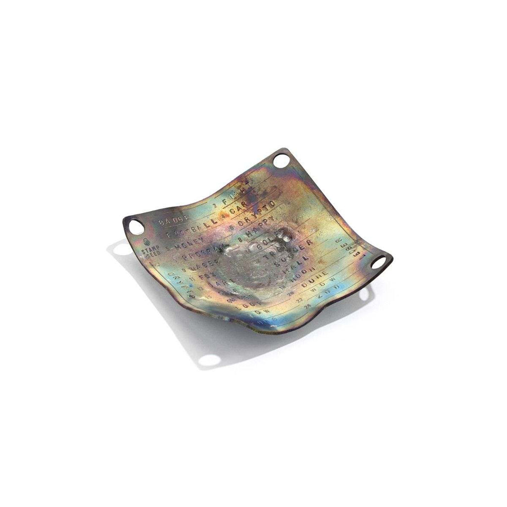 Stamp Seed - Titanium Backup Kit | Nachher-ansicht Platte Draufsicht in einer Glut liegend , leicht verbogen und oxidiert, aber noch lesbar