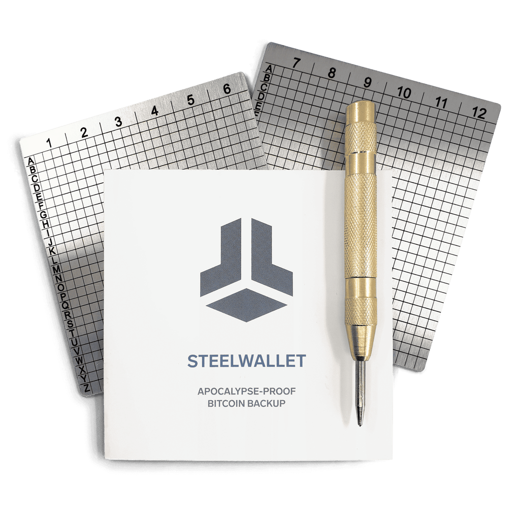 Steelwallet Backup robust fireproof waterproof stainless steel Bitcoin seed storage tool with engraving plates and automatic puncher