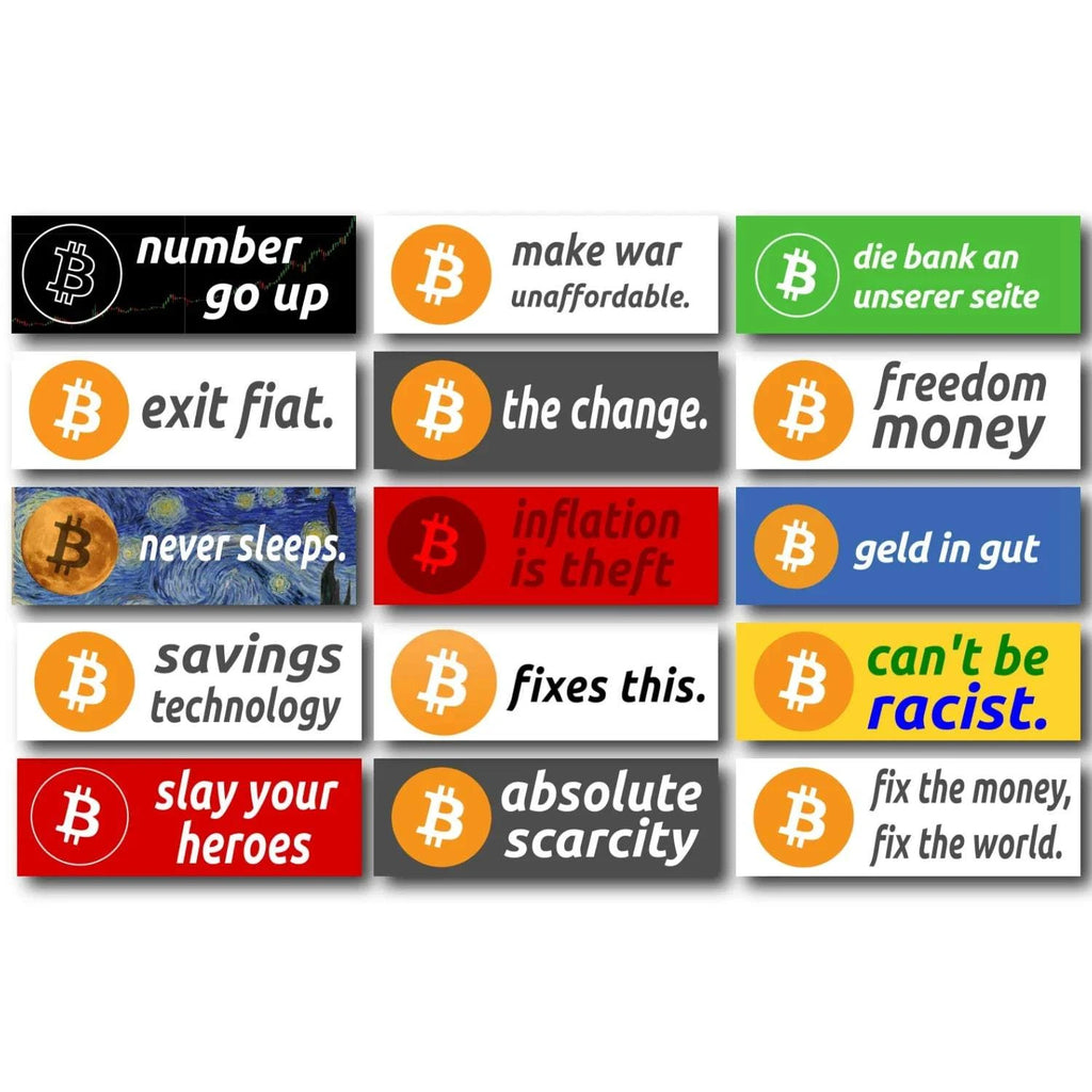 Bitcoin Sticker-Set Copiaro Edition mit 30 wetterfesten Bitcoin-Slogans und Bonus-Sticker