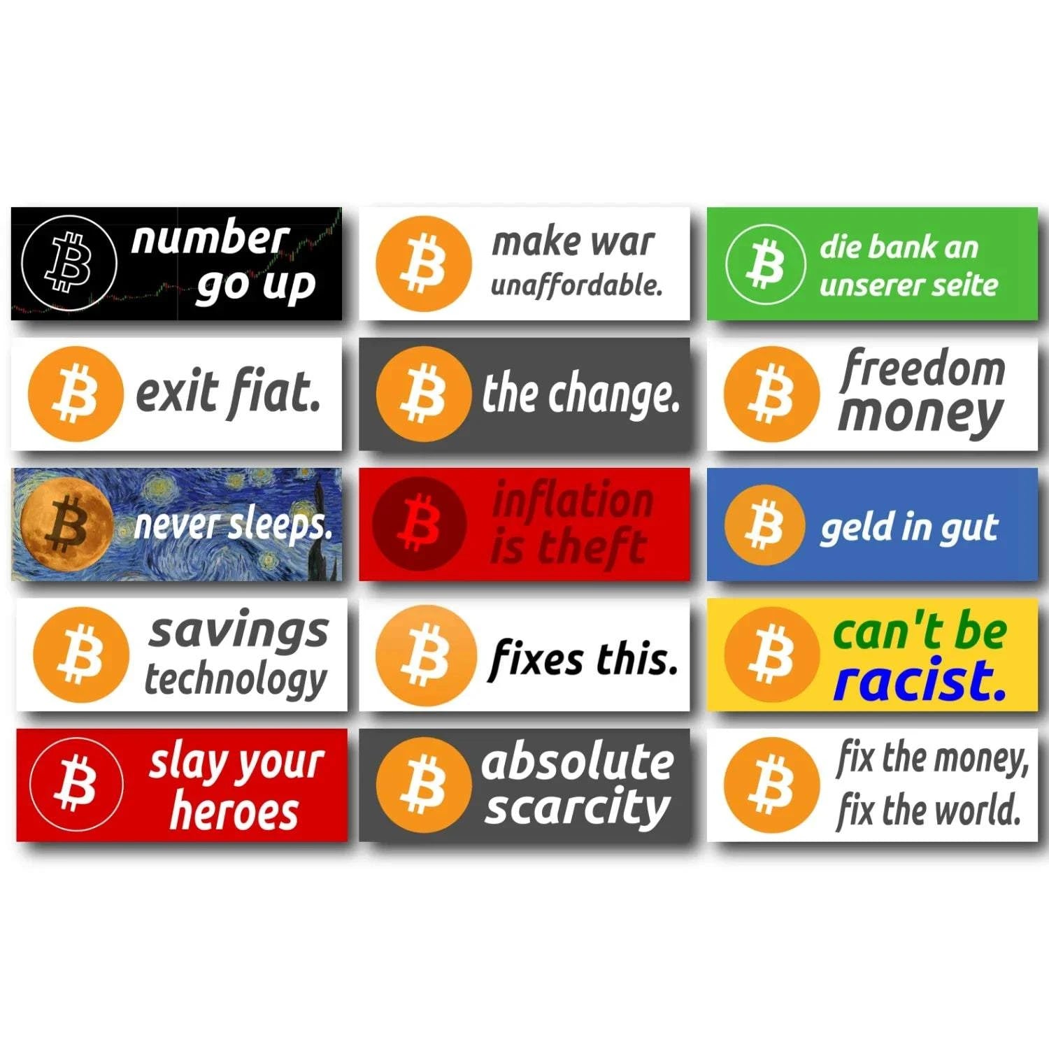 Bitcoin Sticker-Set Copiaro Edition mit 30 wetterfesten Bitcoin-Slogans und Bonus-Sticker