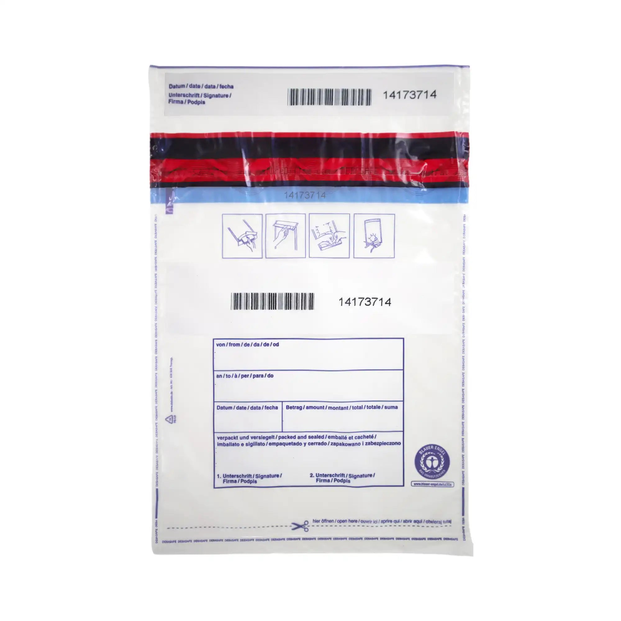 Transparenter Sicherheitsbeutel mit rotem Siegelband, Barcode, fortlaufender Nummer und Quittungsfeldern