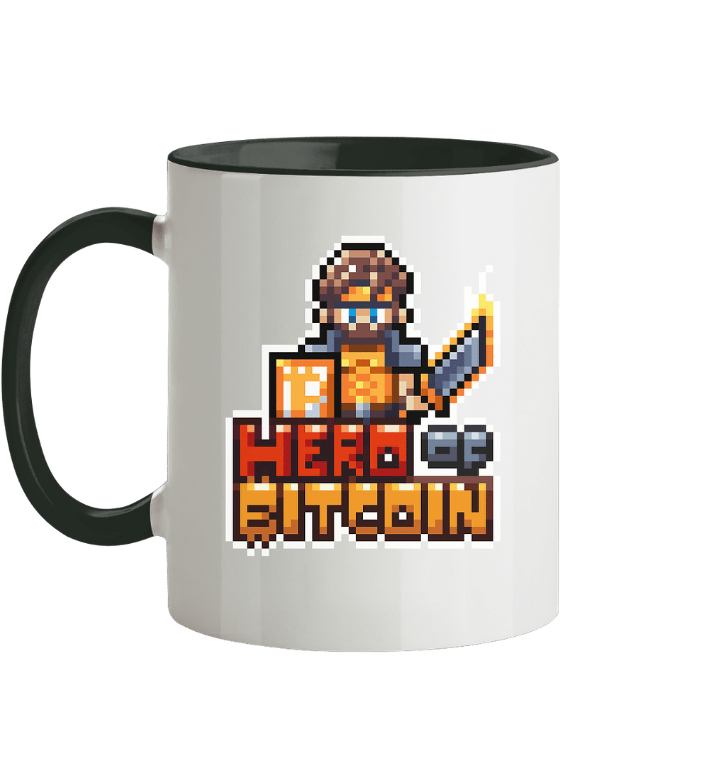 Weiße Tasse mit dem Pixel-Helden, Henkel und Innenseite in Dunkelgrün