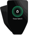 Two Trezor Safe 5 in black, the display showing a green ring with a padlock