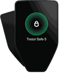 Two Trezor Safe 5 in black, the display showing a green ring with a padlock