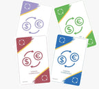 Vier Karten „Change currencies“ in Lila, Grün, Rot und Blau
