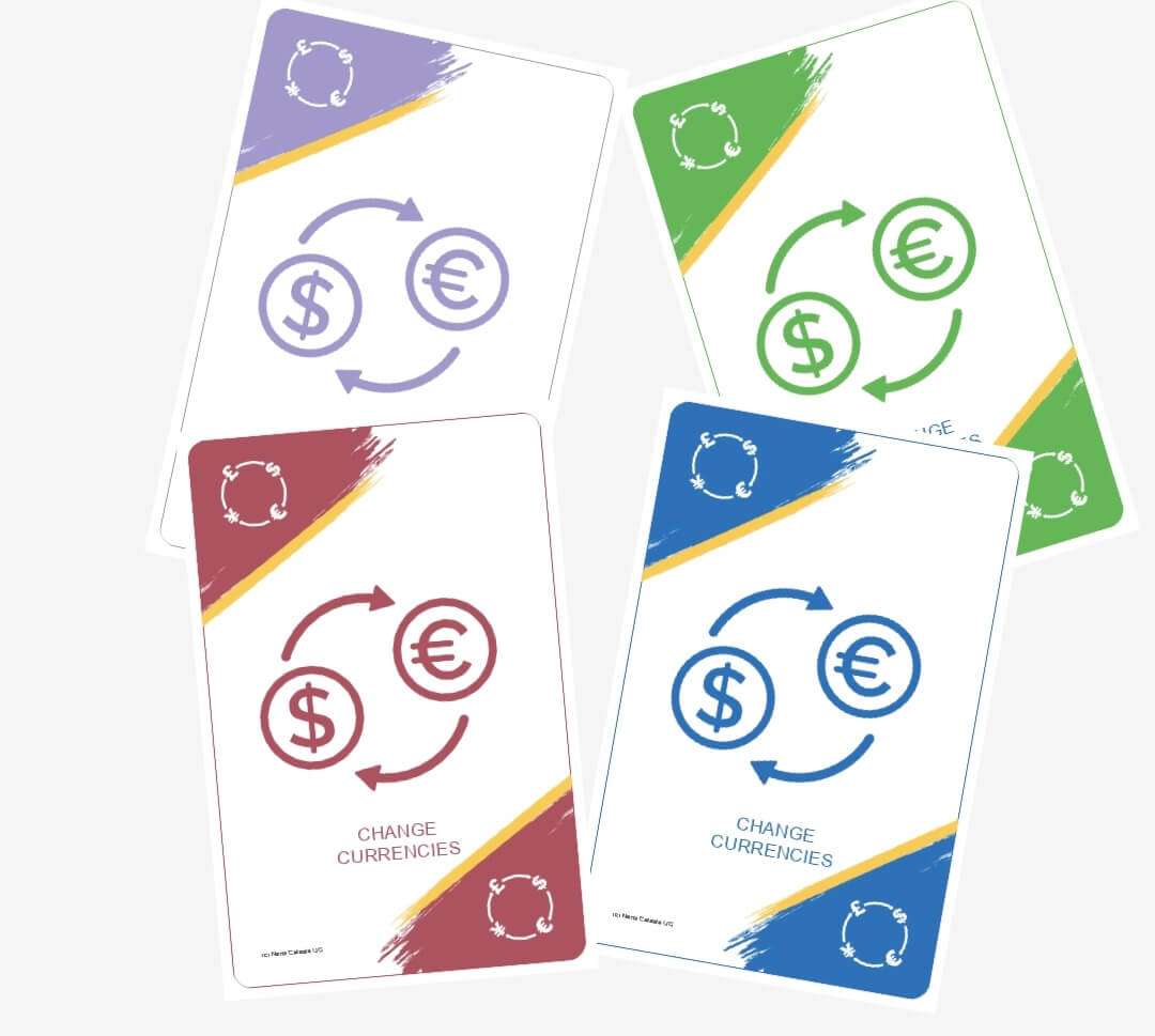 Vier Karten „Change currencies“ in Lila, Grün, Rot und Blau