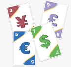 Fünf Zahlenkarten mit den Zeichen für Yen, Pfund, Euro und Dollar