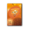 Orange Spieleschachtel Veintiuno mit gezeichneter Figur und Bitcoin-Münze